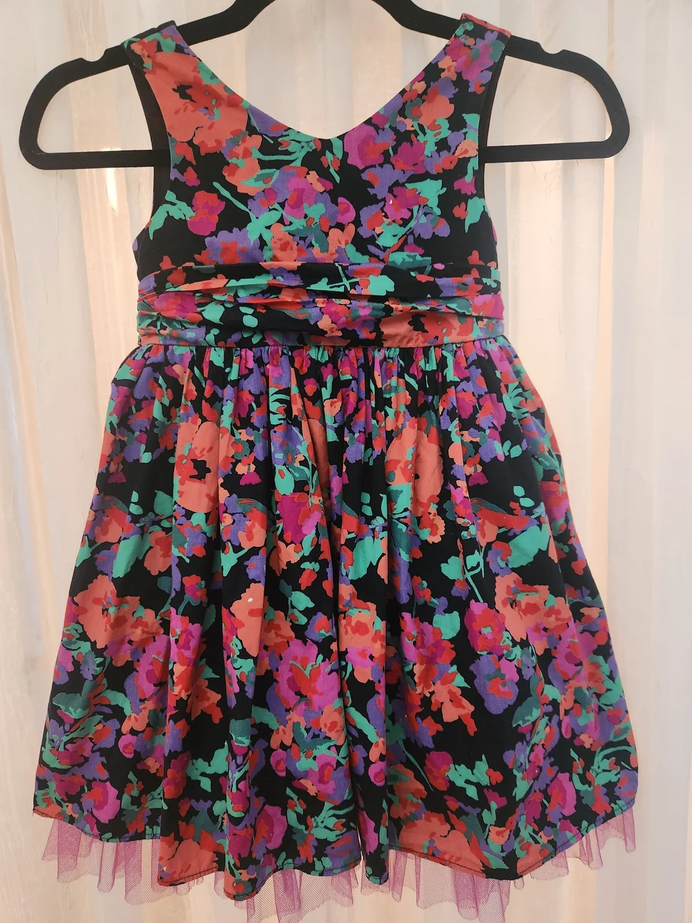 Youngland's Floral Fit&Flare Dress -Black with Coral,Purple& Teal, Sz-5, EPreLC